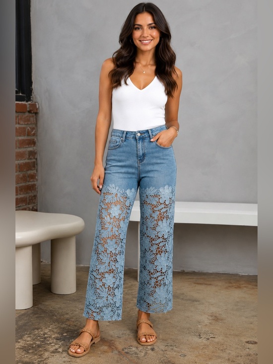 Denim - Light Blue Floral Lace Wide-Leg Women's Jeans